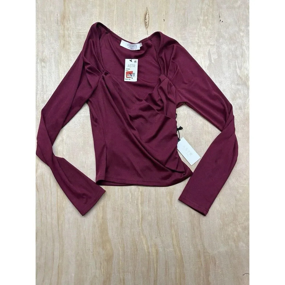 ASTR The Label Top Women’s XS Fitted Wine Cross Over Long‎ Sleeve